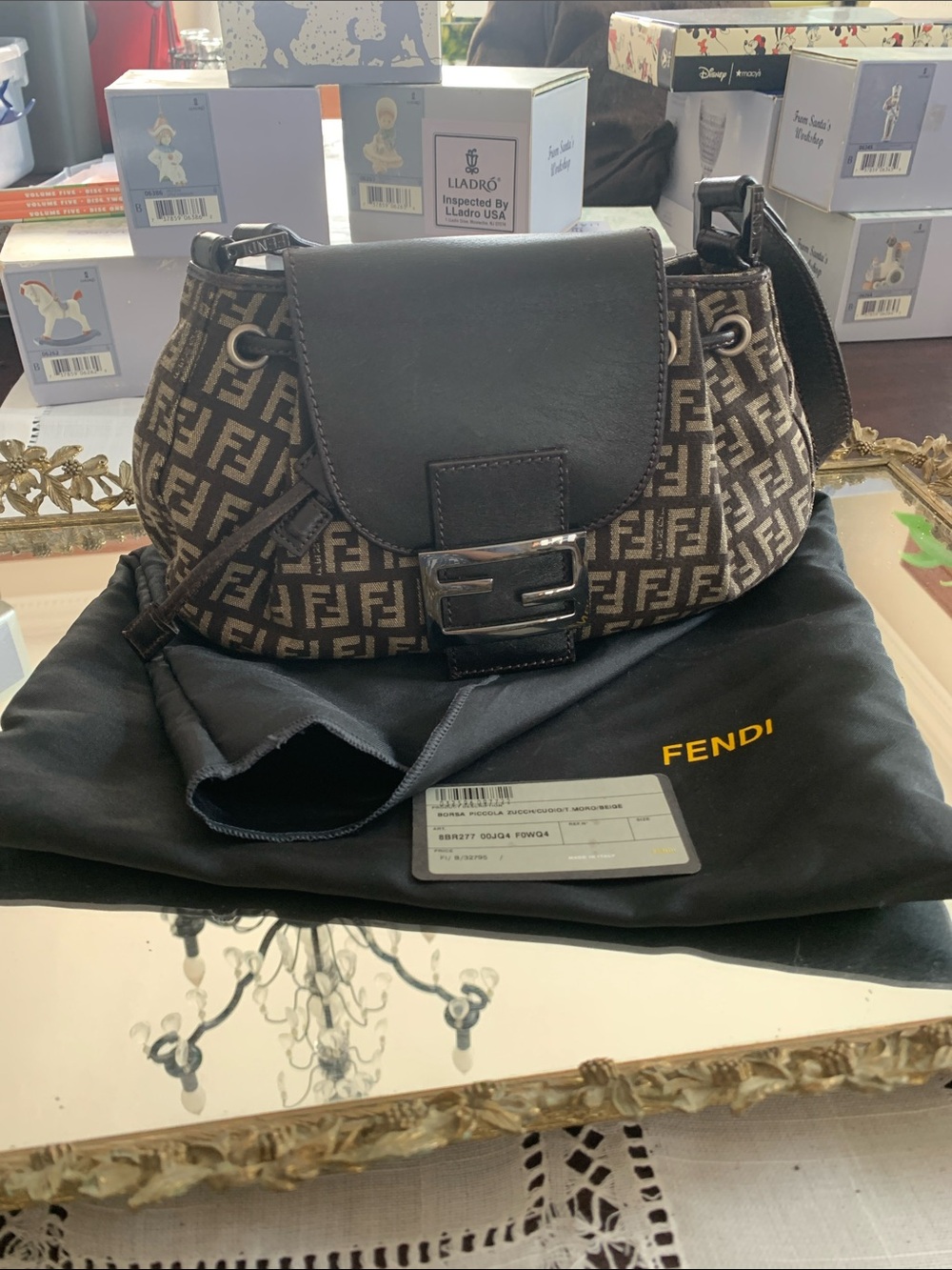 Fendi Brown Monogram Canvas Shoulder Bag with Black Leather Flap